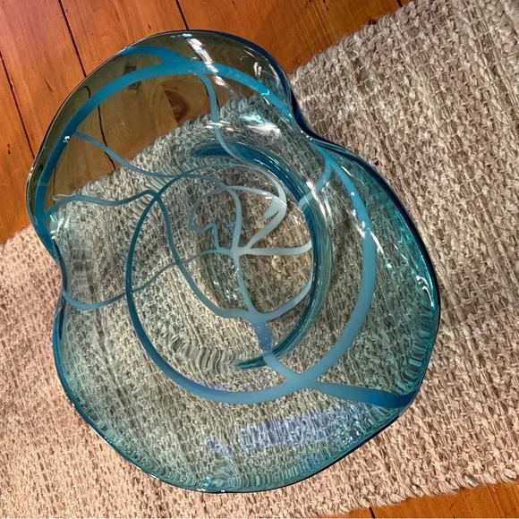 Handblown Aqua Blue Sombrero Freeform Abstract Art Glass Decorative Bowl